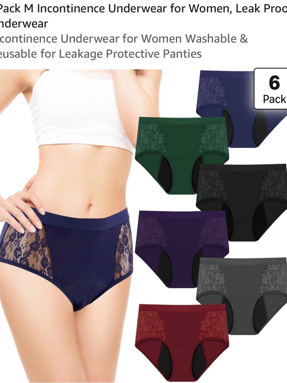 6-Pack Women's Lace Incontinence Briefs - Navy, Green, Black, Purple, Gray, Wine